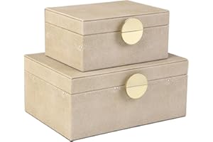HofferRuffer Faux Leather Jewelry Boxes, Decorative Boxes Storage Accessory Organizer with Gold Hardware Decor, Classic Vegan Leather Set of 2 Pieces (Light Grey)
