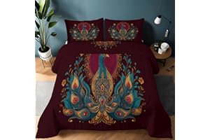 Peacock Animal Flowers Comforter 3Pcs for Adults Teens Boys Girls Bedroom Decoration, Soft Reversible Microfiber Burgundy Com