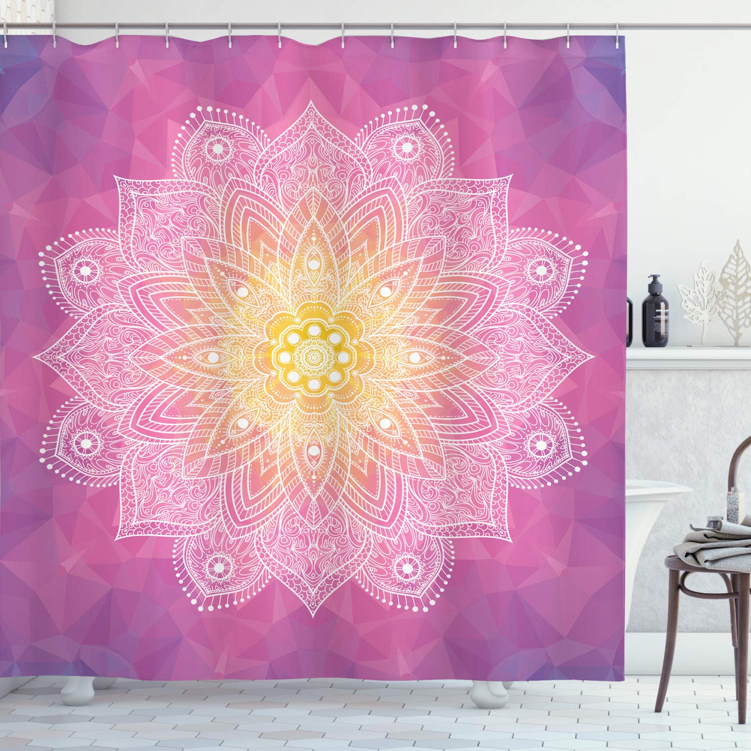 ABAKUHAUS Mandala Shower Curtain, Digital Mandala Psychedelic Hidden Magic Force of Life, Cloth Fabric Bathroom Decor Set with Hooks, 94 Inches, Fuchsia Yellow