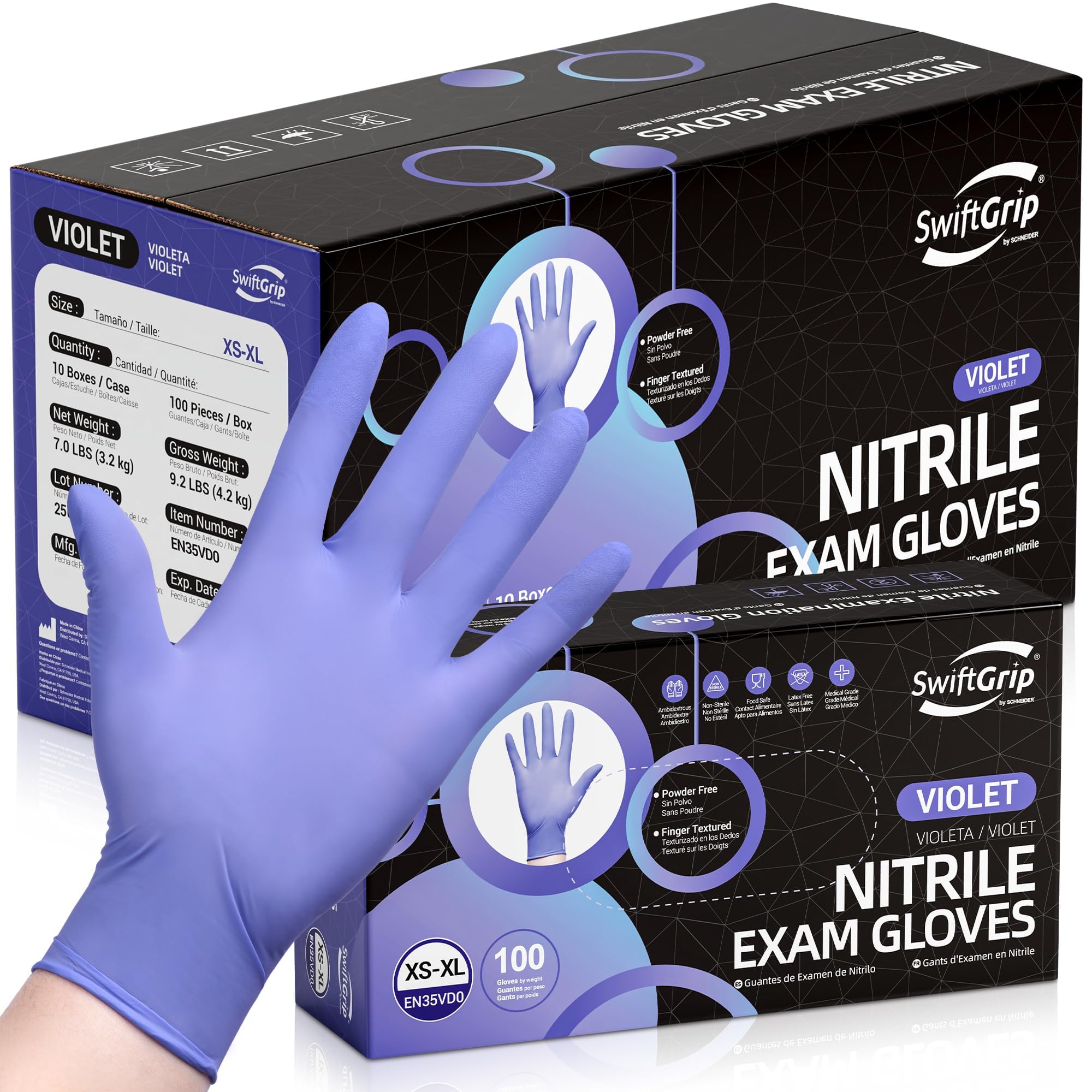 SwiftGrip Disposable Nitrile Exam Gloves, 3-mil, XS, Case of 1000, Violet Nitrile Gloves Disposable Latex Free for Medical, Cleaning, Cooking & Esthetician, Food-Safe, Powder-Free, Non-Sterile, Purple Image