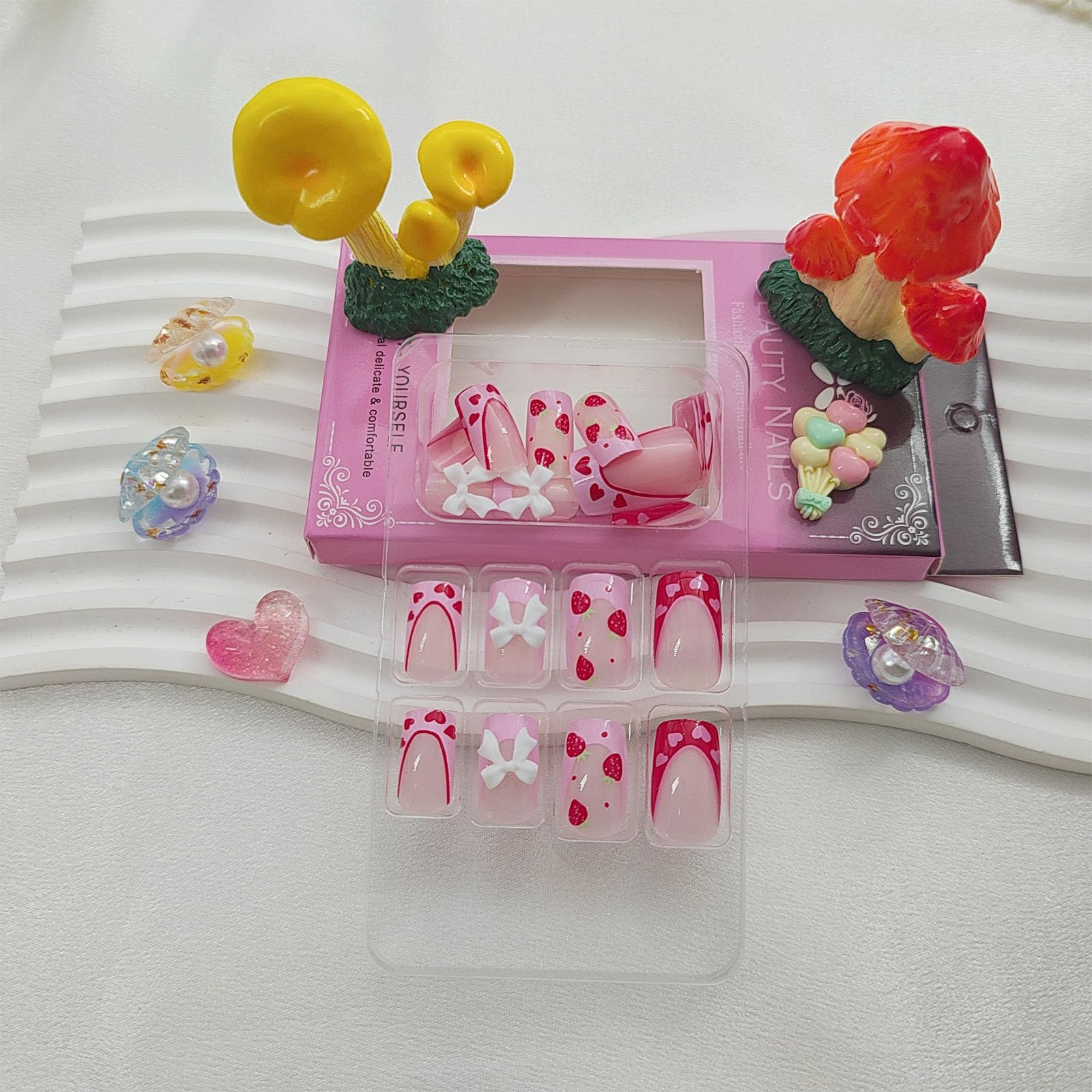 Press on Nails Square Medium Fake Nails with Heart Bow Strawberry Designs Glossy Glue on Nails Pink Red French Tip Acrylic Nails False Nails Stick on Nails for Women 24Pcs - Image 6