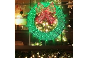 MEETJOYANCY Lighted Christmas Wreath Outdoor Decorations, 24in Small Christmas Wreath 110 Lights with 8 Flashing Effects, Prelit Wreath Plug-in and Battery Operated with Timer for Door, Window, Garage-Green