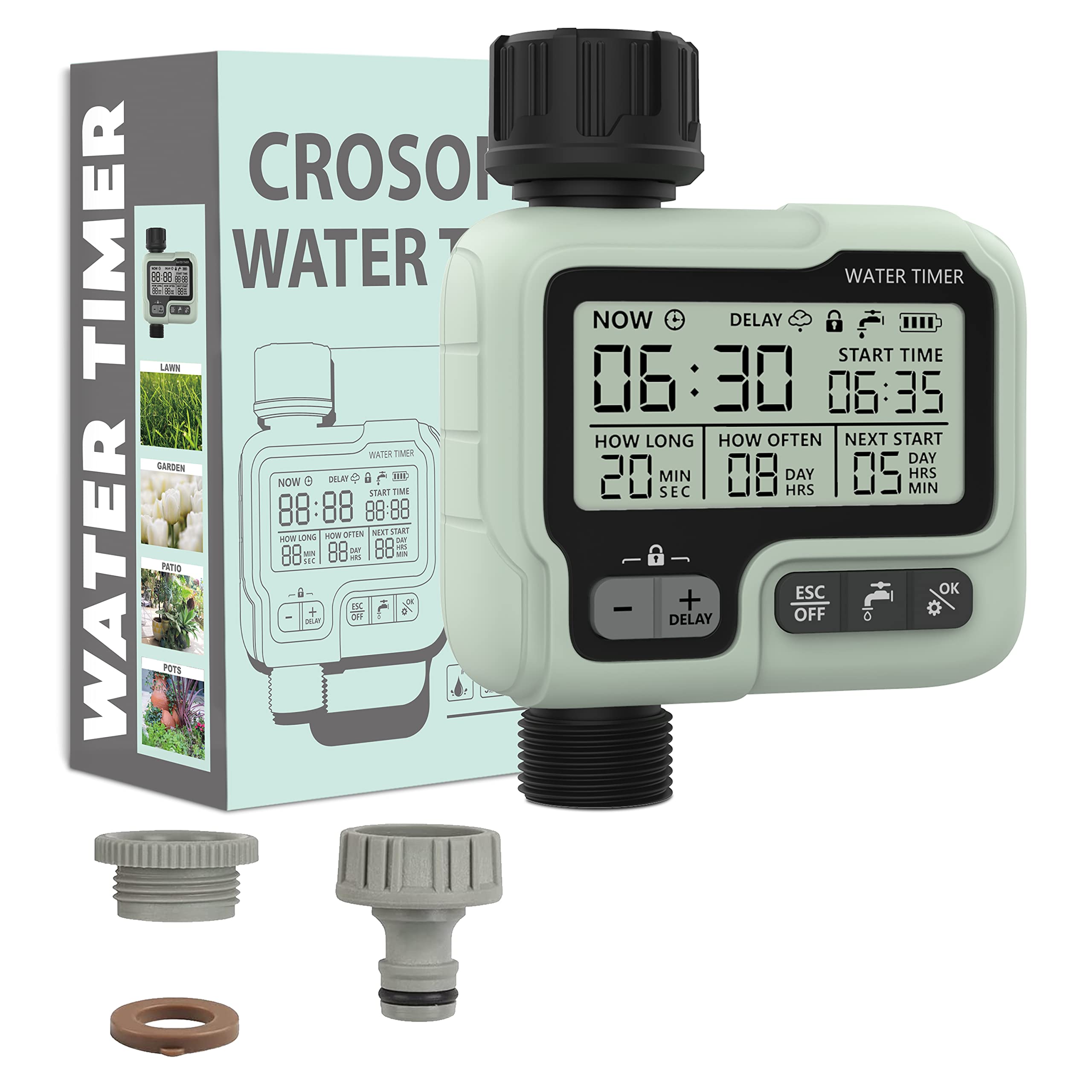 CROSOFMI Digital Water Timer, Sprinkler Timer Programmable with Rain Delay, Garden Hose Timers for Watering with Large LCD Display, Manual Irrigation Mode, IPX5 Waterproof for Garden Lawn Patio Farm