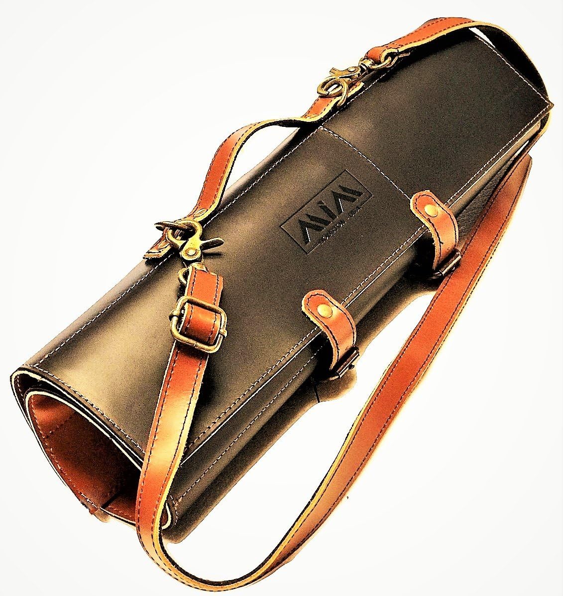 Professional Knife Roll - Chef Knife Bag - Natural Cowhide Leather - Adjustable Shoulder Strap - Handmade