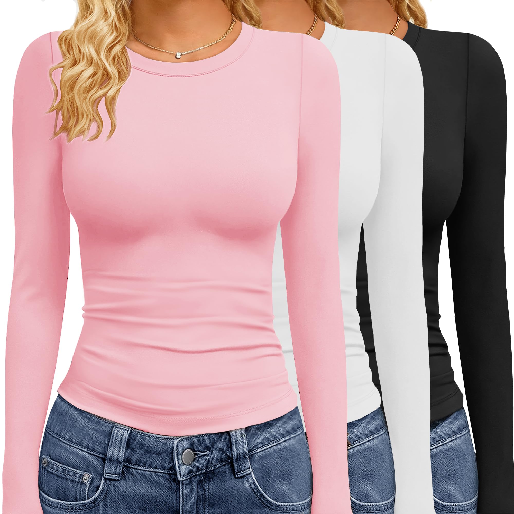 Photo 1 of GAYHAY 3 Pack Long Sleeve Shirts for Women Basic Tops Crew Neck Fitted Tight Workout Tees Y2K Clothes Going Out Fashion 2025 Black White Pink