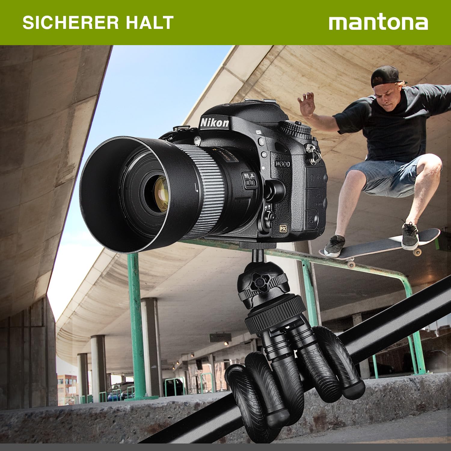 Mantona Gibbo Flex Ministativ 30 cm, Kamera Stativ mit flexiblen Beinen, Dreibein Reisestativ mit 360° Kugelkopf, Smartphonehalterung und Halterung kompatibel mit GoPro 2