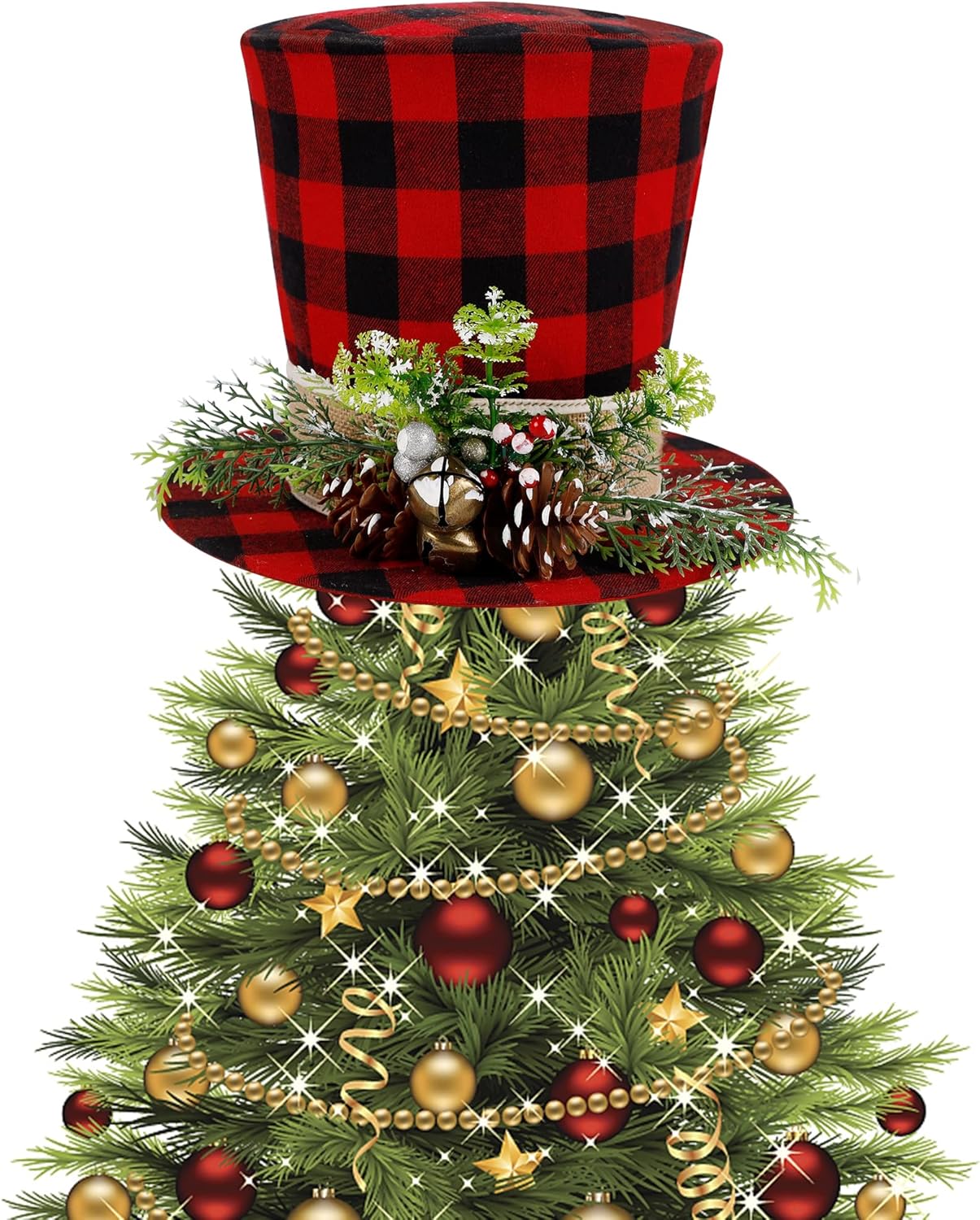 Tree Toppers - Prsildan Christmas Tree Topper Hat, Red Black Buffalo Plaid Check Top Hat with Artificial Pine Cone Berries and Bells, Christmas Home Decorations for Xmas Tree Snowman, Desktop Ornaments Holiday Decor