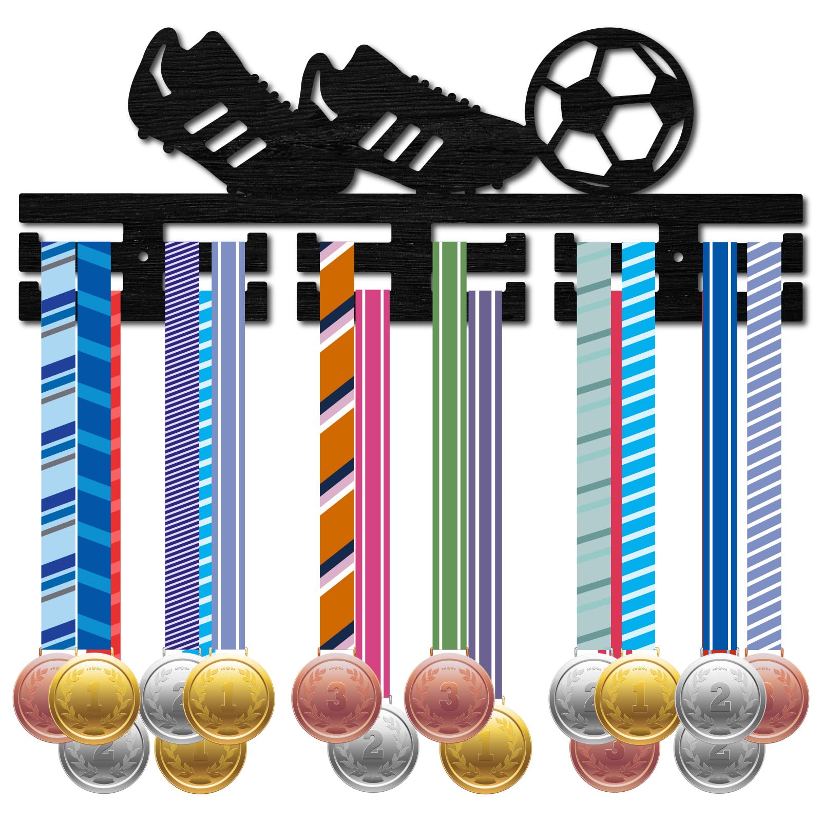 CREATCABIN Soccer Medal Holder Competition Medal Hanger Display Black Rack Frame Athlete Football Race Hanging Awards Wall Mount Decor over 30+ Medals for Sports Competition Medalists 15.7x5.9Inch