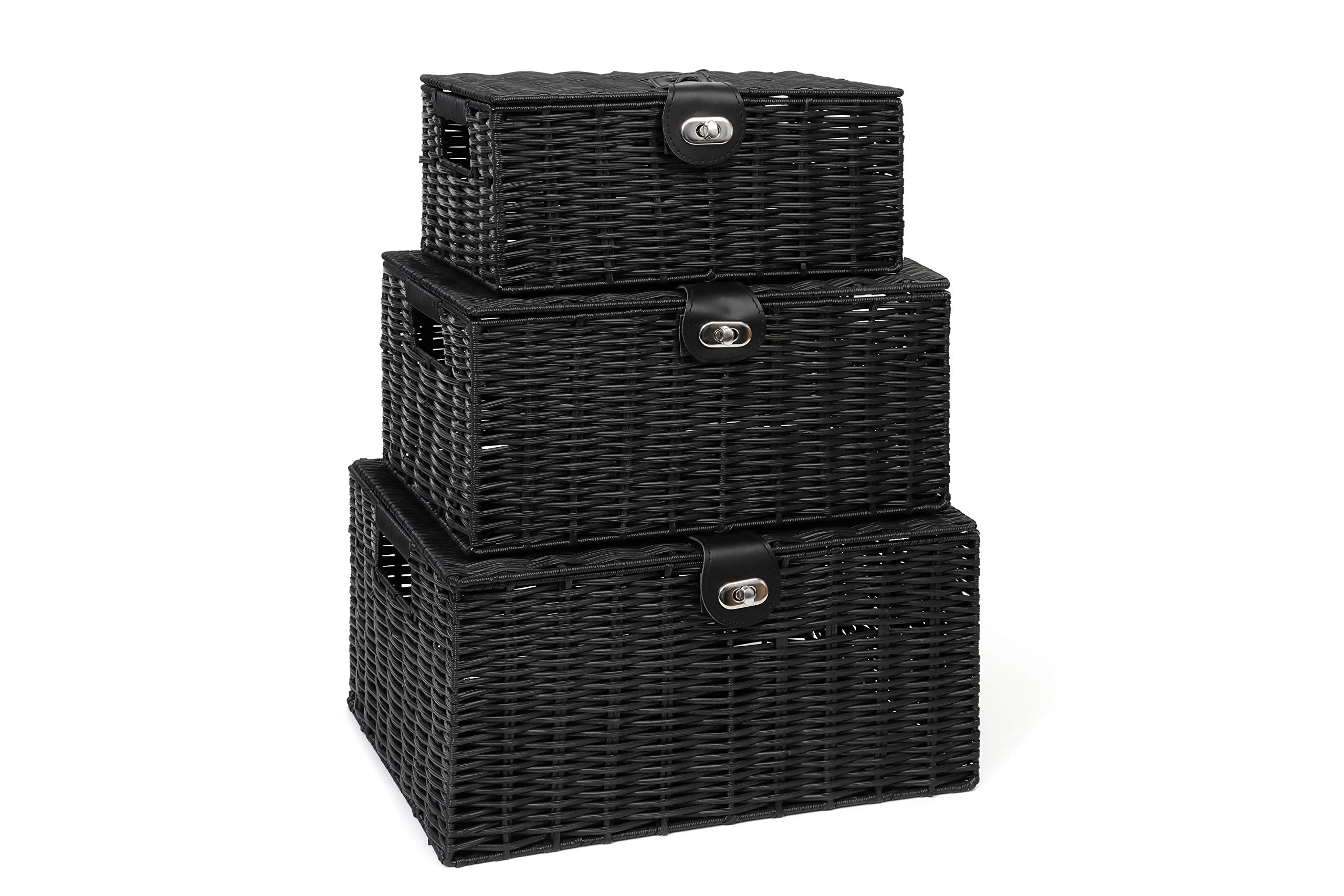 ARPAN Set of 3 Resin Woven Storage Basket Box With Lid & Lock (Black)