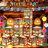 15Pcs Tiki Totem Box Decor Set Hawaiian Luau Party Decorations with Luau Aloha Gift Boxes Tropical Paper Flower Garland Tiki Bar Banner Palm Leaves for Survivor Themed Party Garden Patio Outdoor Decor