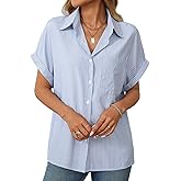 Blostirno Womens Striped Button Down Short Sleeve Shirts V Neck Collared Blouses Casual Summer Tops with Pockets