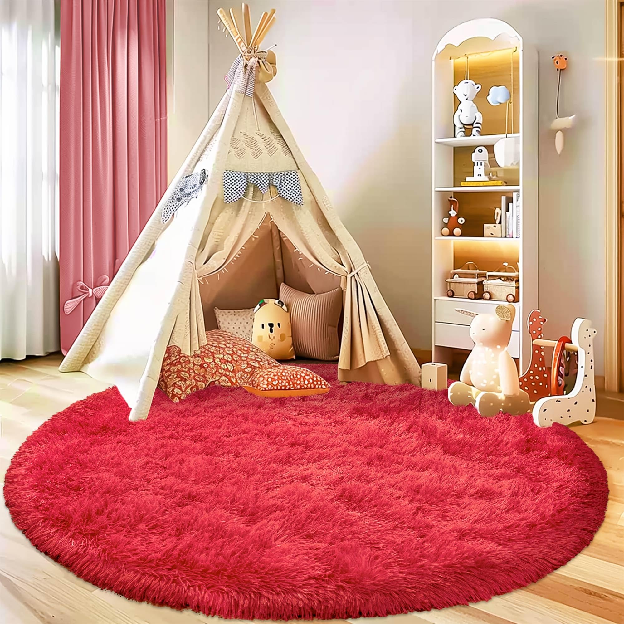 Photo 1 of Awaytail Round Fluffy Carpet 4FT Red - Super Soft Circle Rug for Kids & Nursery - Shaggy Fuzzy Plush Rug for Teens