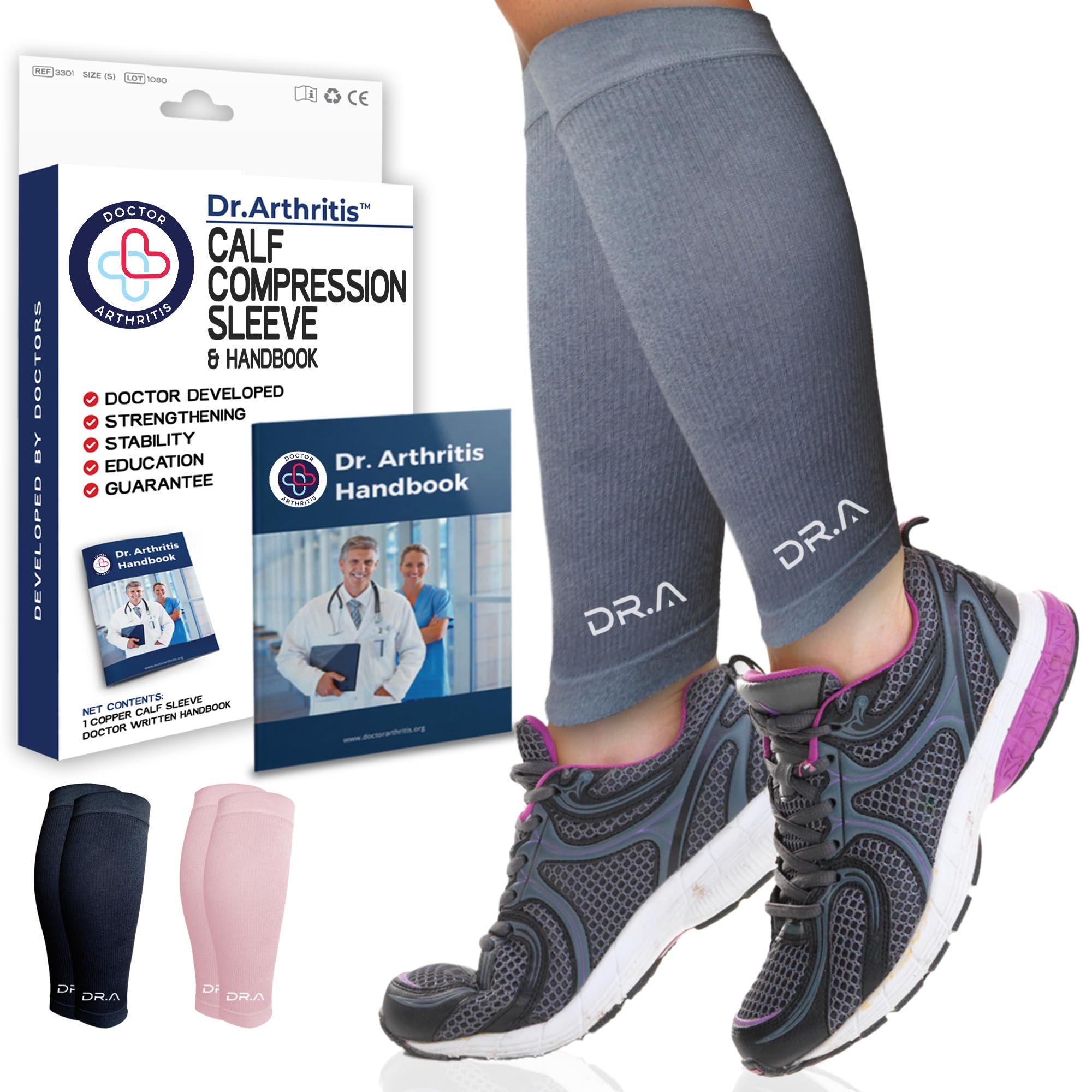 Dr.Arthritis Doctor Developed Calf Compression Sleeve & Doctor Handbook For Men & Women - Leg Compression Sleeve For Leg Pain Relief, Muscle Recovery, Shin Splint (Large, Grey, 1 Pair)