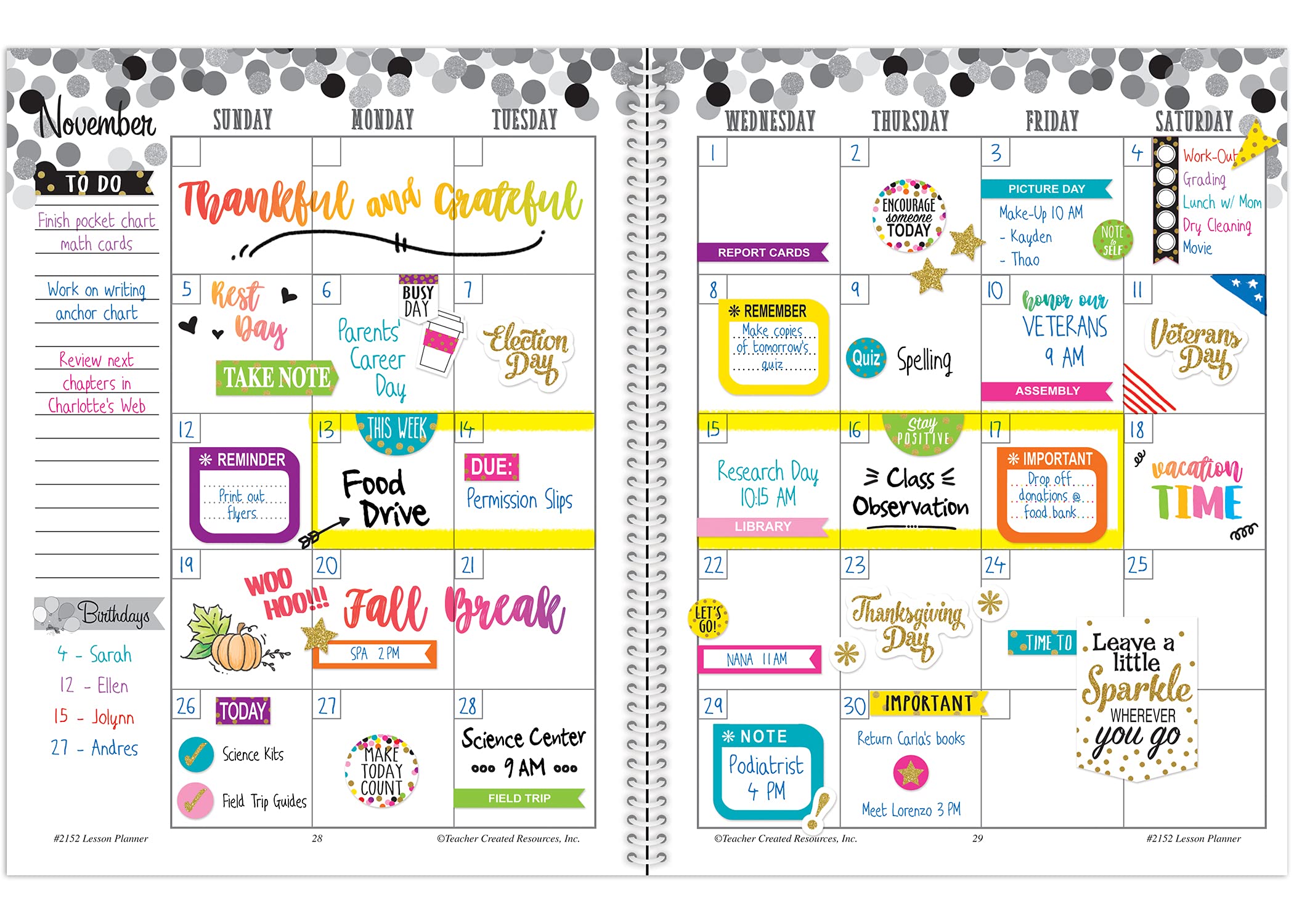 Teacher Created Resources 2152 Lesson Planner w/Stickers, Confetti, 8-1/2-Inch x11-Inch, Multi