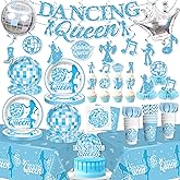 Xynic 182Pcs Mamma Mia Party Decorations, Dancing Queen Tableware Set with 25pcs Plate and Napkin, 2pc Tablecloth, Glitter Banner and Cake Toppers for Dancing Queen Party Decorations