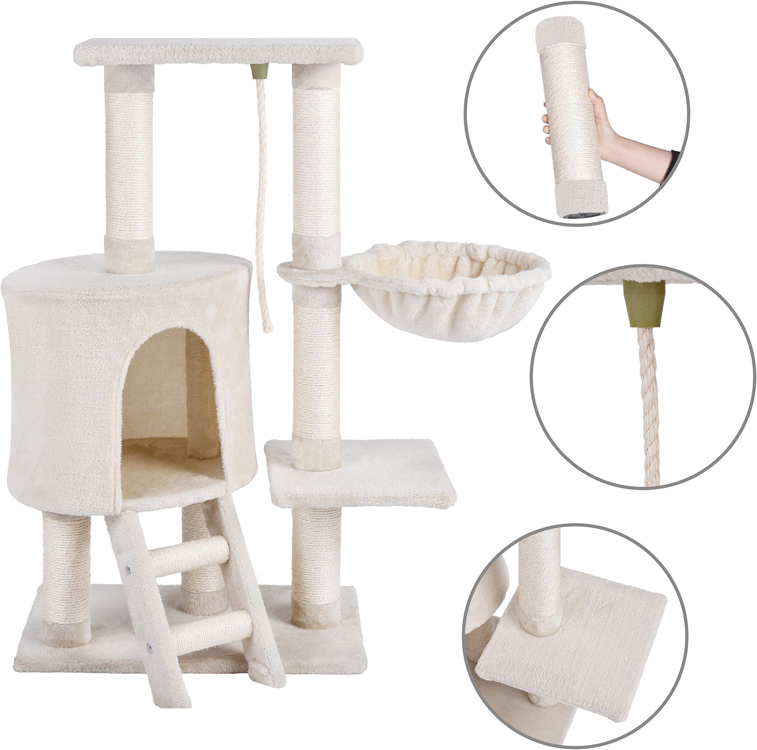 MC Star Cat Tree Climbing Tower Scratching Post Activity Centre with Rope and Hammock Sisal Covered 96cm, Beige