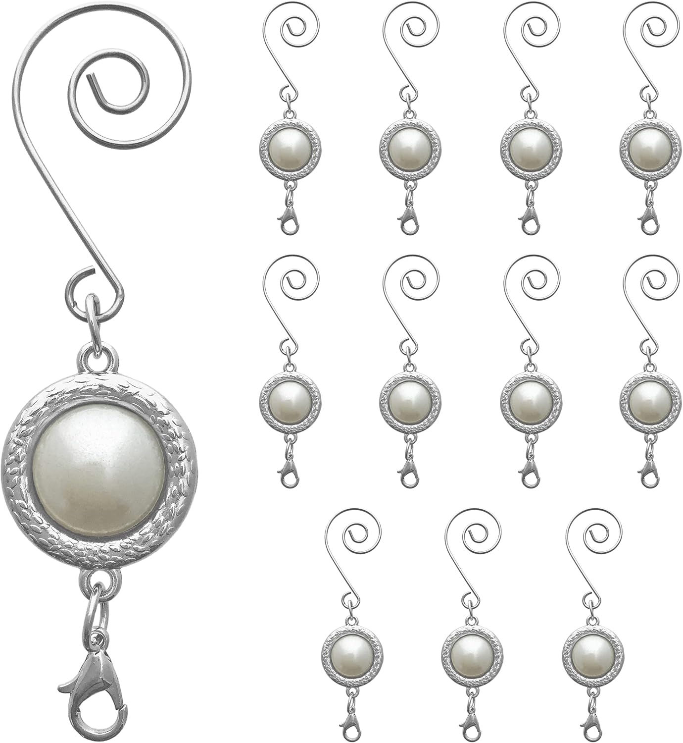 Ornament Hooks - BANBERRY DESIGNS Pearl Christmas Ornament Hook with S-Hook and Lobster Claw - Set of 12 - White Pearl with Silver Setting - Xmas Accessories & Accents for Hanging Ornaments