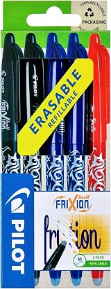 Pilot Frixion Erasable Rollerball Pen 0.7 mm Pack of 5 2 Black 2 Blue 1 Red