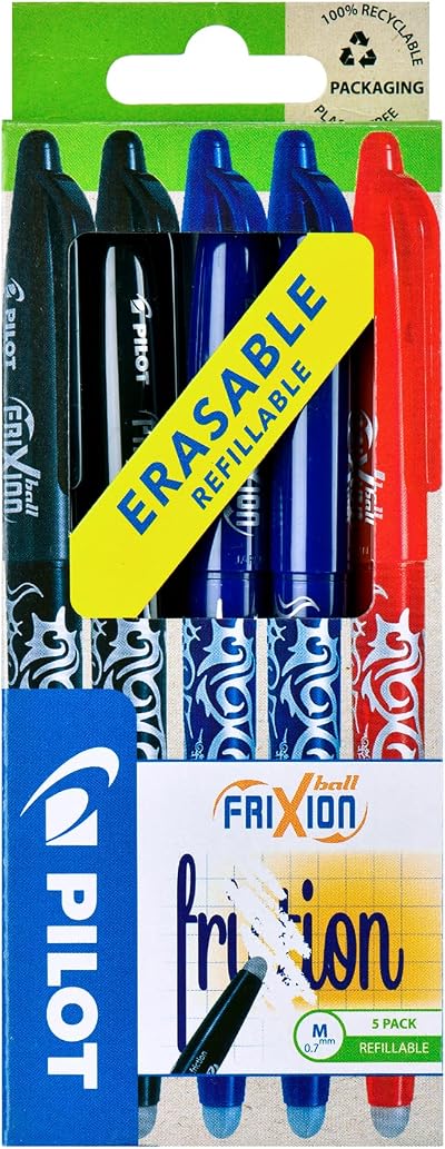 Pilot Frixion Erasable Rollerball Pen 0.7 mm Pack of 5 2 Black 2 Blue 1 Red