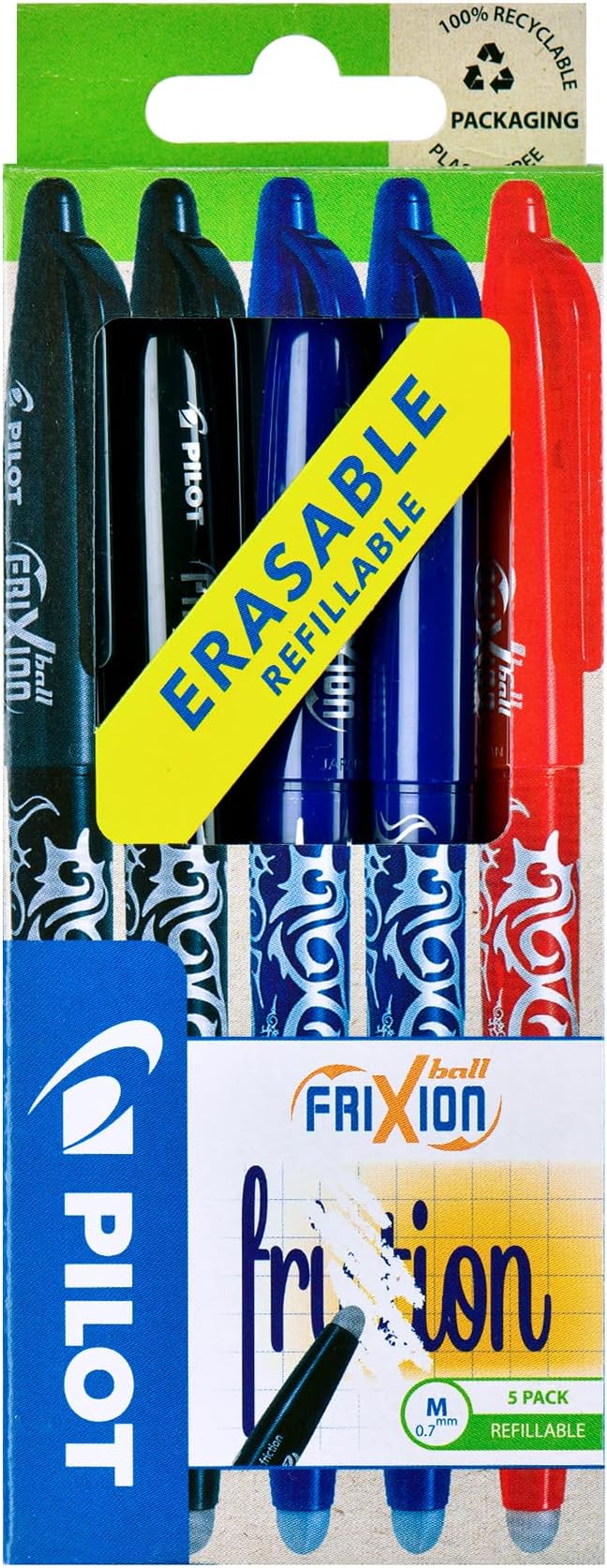Pilot Frixion Erasable Rollerball Pen 0.7 mm Pack of 5 2 Black 2 Blue 1 Red