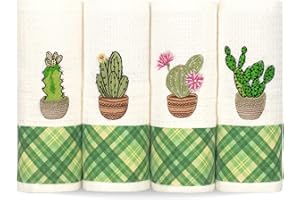 Lavien Home, Kitchen Dish Towels with Cactus Embroidered, Decorative Succulent Flowers Cute Tea Towels Turkish Cotton Waffle Weave 16 x 24 inches (Set of 4)
