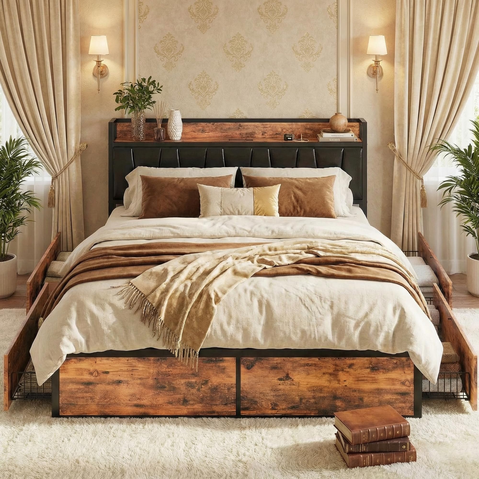 LIKIMIO California King Bed Frame with 4 Storage Drawers, Platform Bed with Charged Headboard, Sturdy and Stable, No Noise, No Box Spring Needed, Easy to Install, Vintage Brown and Black Image