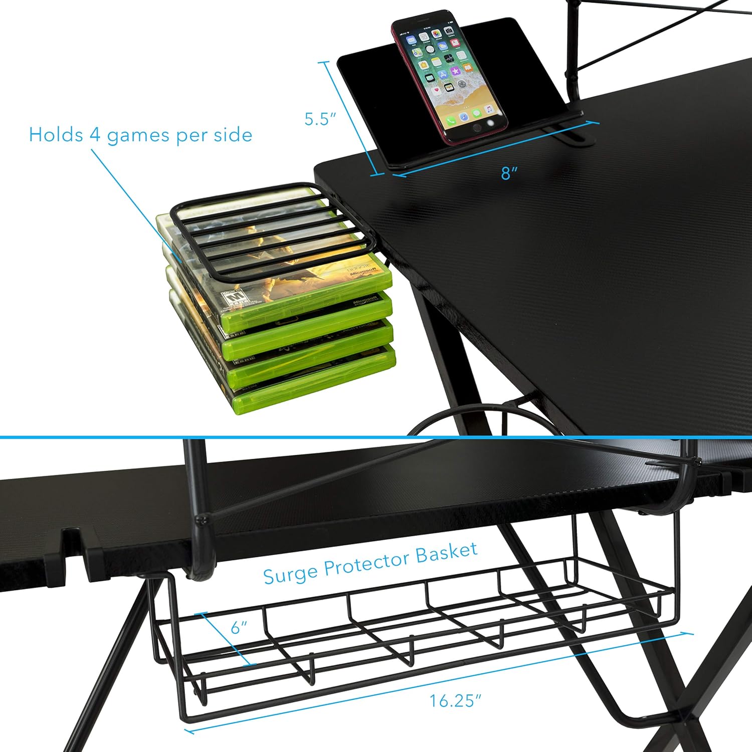 Atlantic Gaming Original Gaming-Desk Pro - Curved-Front, 10 Games, Controller, Headphone & Speaker Storage, 40.25x23.5 inch Curved Front Desktop, Enhanced Larger Design: Furniture & Decor