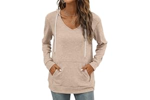 Saloogoe Kangaroo Pocket Hoodies for Womens V Neck Lightweight Sweatshirts Long Sleeve Tops