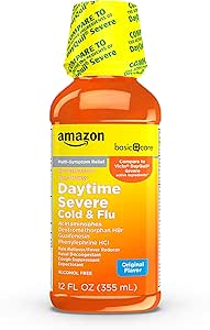 Amazon Basic Care Severe Daytime Cold and Flu Relief, Maximum Strength Liquid Cold Medicine; Relieves Aches, Pain, Fever, Cough, Nasal Congestion, Sore Throat, Chest Congestion, 12 Fluid Ounces