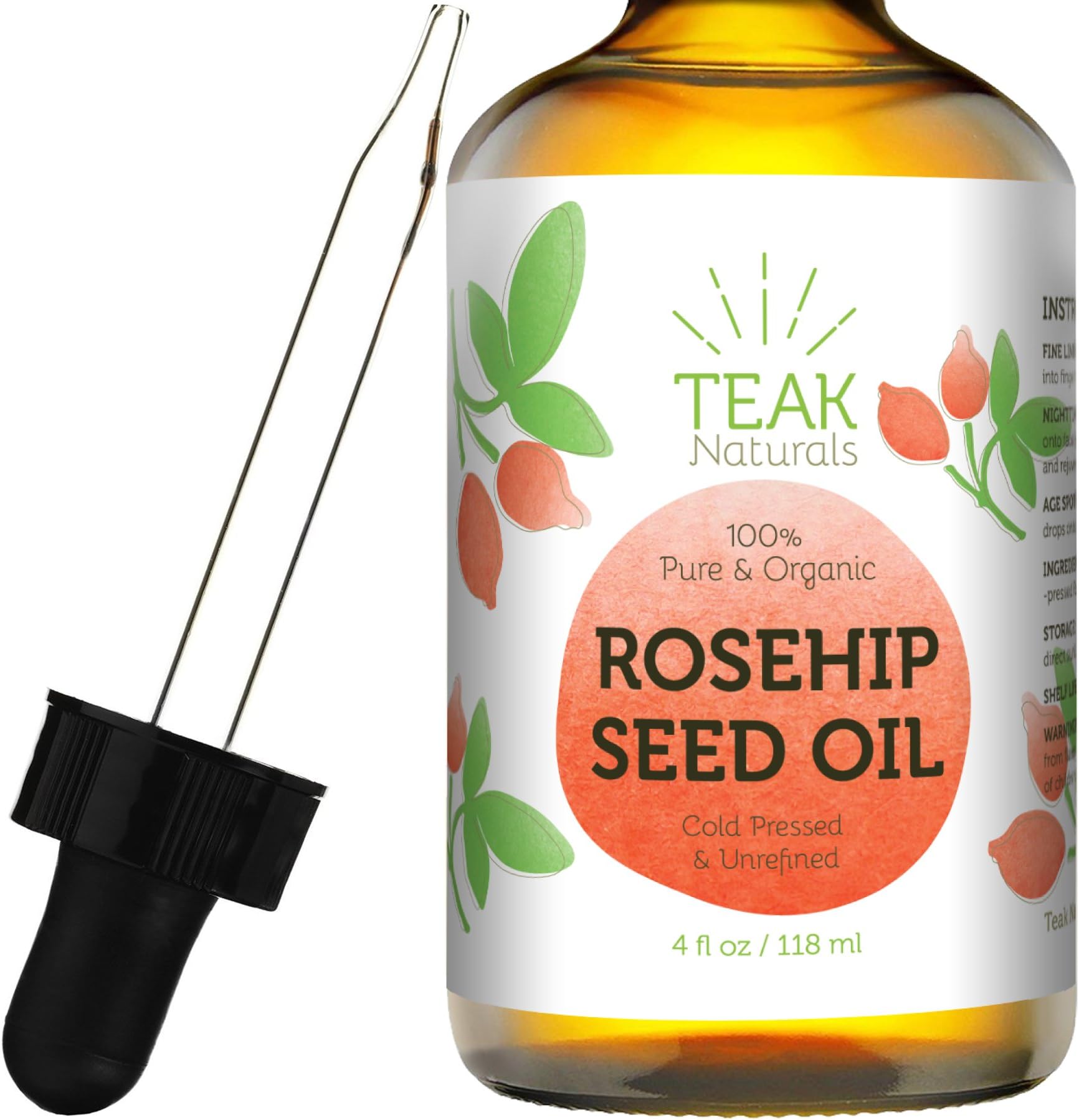Rosehip Seed Oil by Teak Naturals 100% Organic for Healthier Hair and Softer Skin, Unrefined Cold Pressed and Natural 4 oz