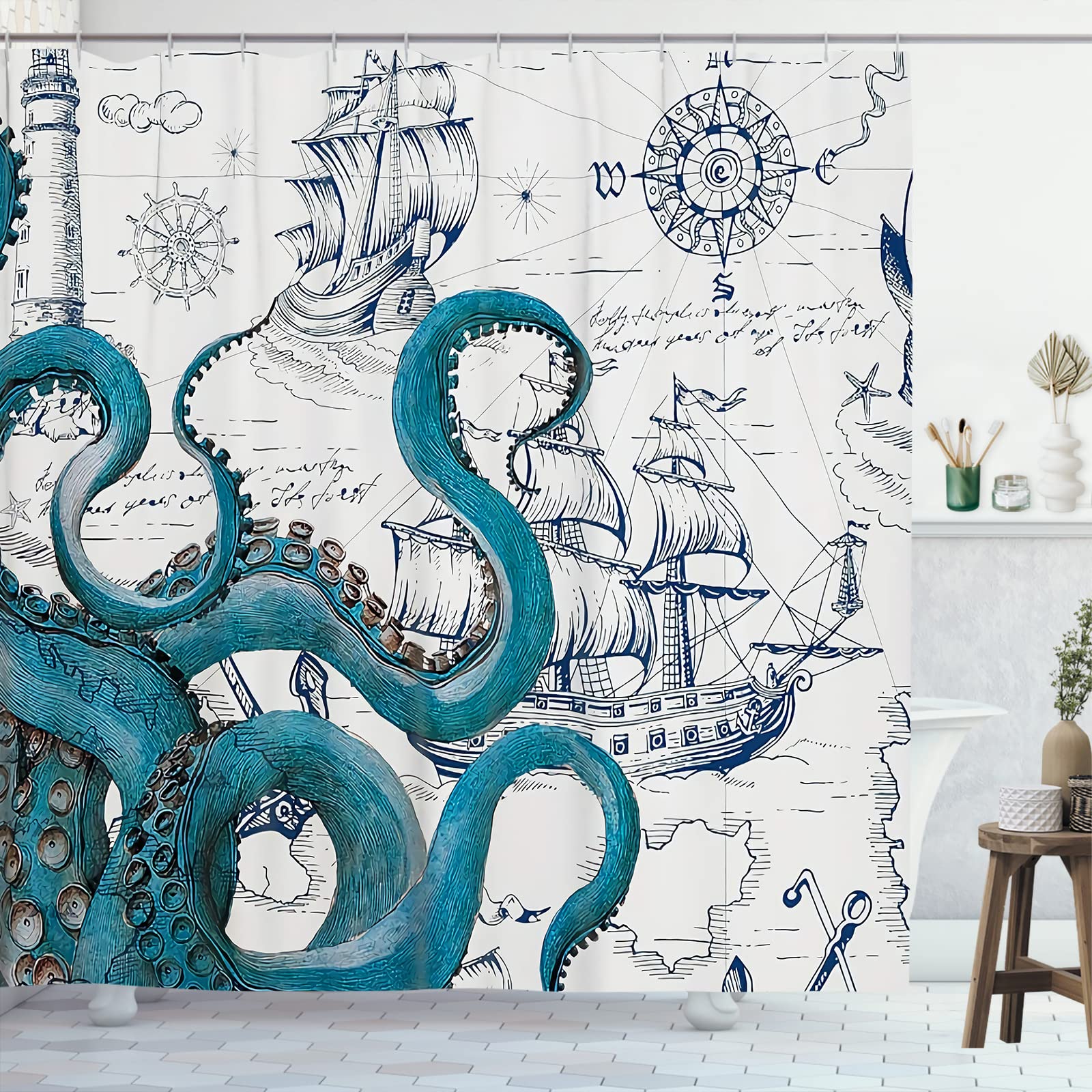 GOOESING Cool Octopus Nautical Shower Curtain - Teal Kraken Sailboat Pirate Polyester Waterproof 72x72 Inch