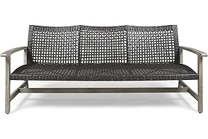 GDFSTUDIO Great Deal Furniture Marcia Outdoor Wood and Wicker Sofa, Light Gray Finish with Mix Black Wicker,Mixed Black, Light Gray Wash Finish,307796