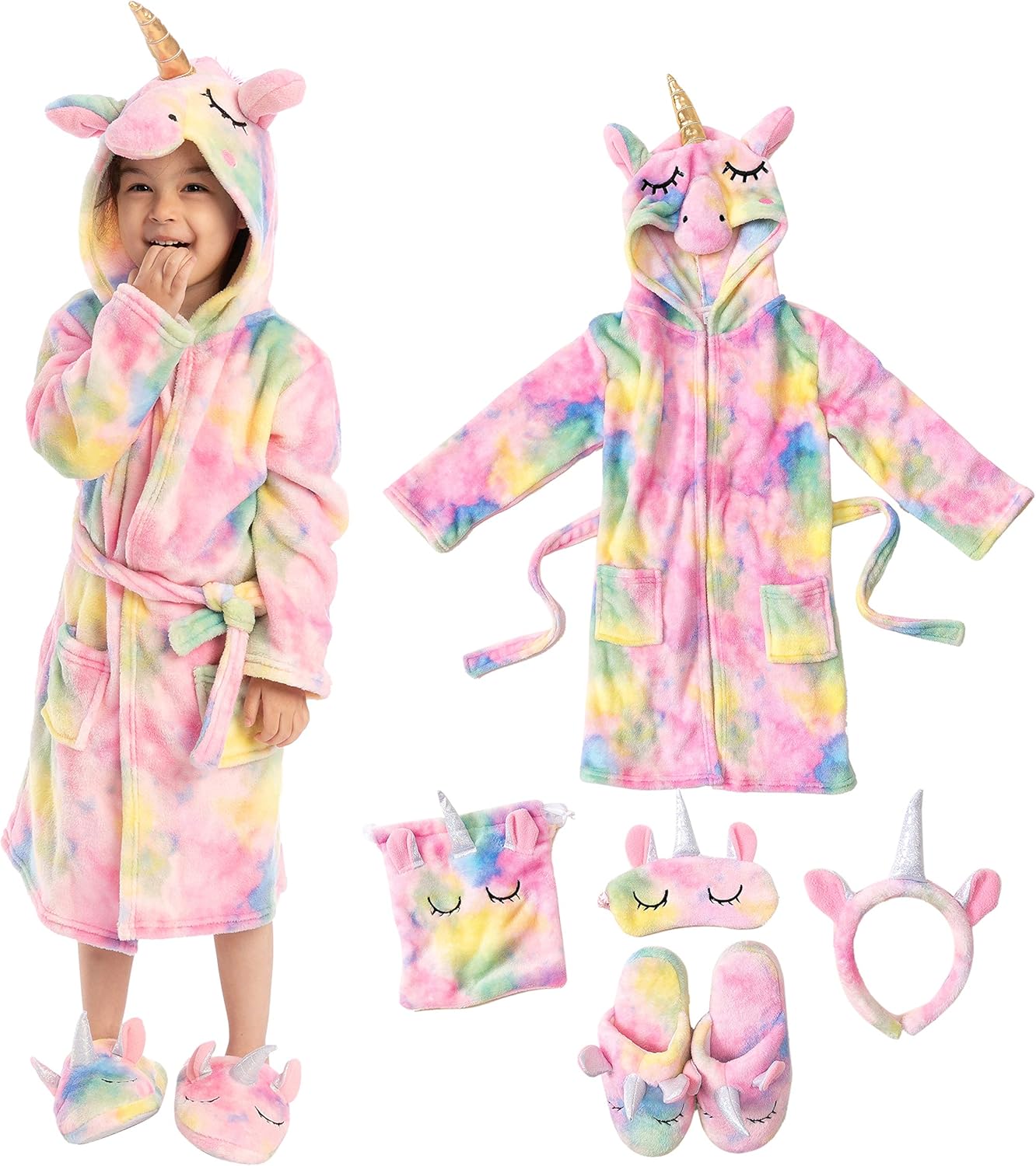 Unicorn Hooded Bathrobe Sleepwear with Blindfold, Bag, Slippers and Headband: Clothing