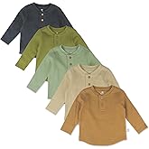 HonestBaby Boys' Baby Toddler & Kid Waffle Henley 100% Organic Long Sleeve Shirts (5-Pack)