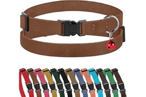 Muromto Breakaway Cat Collar Leather Soft Adjustable Pet Kitten Collars with Bell Pink Brown Blue Green Red (Cognac)