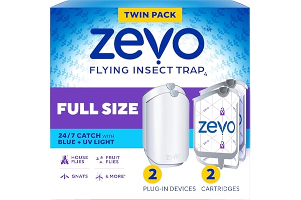 Zevo Flying Insect Trap for Fruit Flies & Gnats, 2 Bases & 2 Refills | Fly Trap Catches House Flies, Gnats & Fruit Flies 24/7, Spray-Free, Odor-Free, Blue & UV Light, Safe for Kids & Pets*