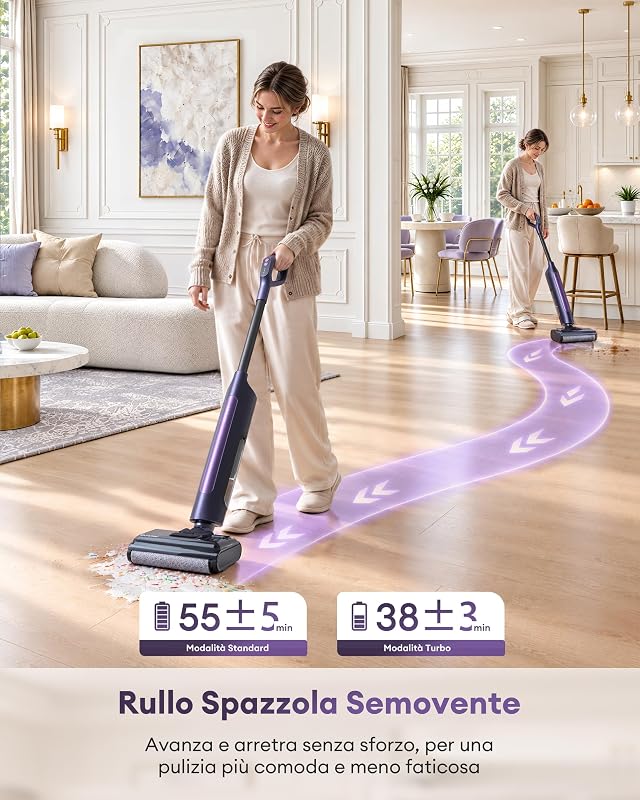 Aspirapolvere Lavapavimenti, Design Piatto a 180°, 0 mm Pulizia Bordi, Lavapavimenti Senza Fili 3-in-1, Autonomia 55 min, Auto-Pulizia, Anti-Groviglio, Assistente Vocale 5 Lingue
