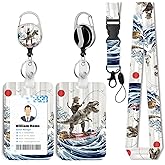 Funny Surfing Cat Riding a Dinosaur ID Badge Holder with Breakaway Lanyard &Heavy Duty Retractable Reel-360°Rotating Carabiner Keychain for Women Students,Teachers, Nurses, Office Use 12