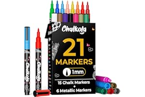 Chalkola Extra Fine Tip Chalk Markers for Blackboard & Glass (Pack of 21, 1mm Tip) | Washable Liquid Chalk Pens for Dry Erase Board, Car Windows, Acrylic Calendar | Thin Chalkboard Markers Erasable