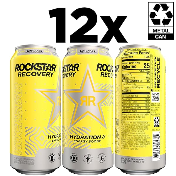 ROCKSTAR ENERGY DRINK WITH CAFFEINE TAURINE AND ELECTROLYTES, RECOVERY LEMONADE, 16OZ (12 PACK) (PACKAGING MAY VARY)