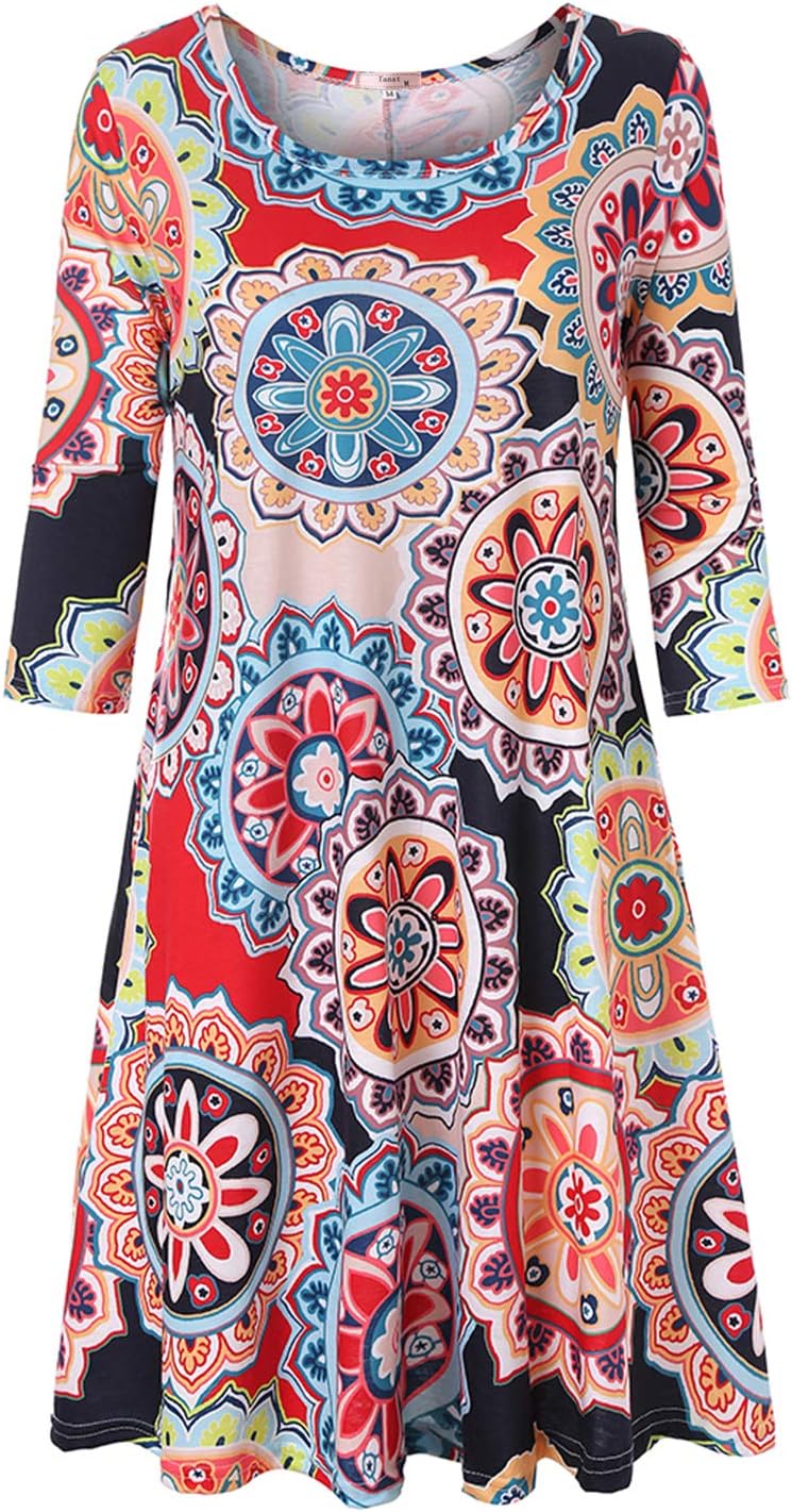 Womens Casual Round Neck Plus Size Floral Shirt Dress with Pockets