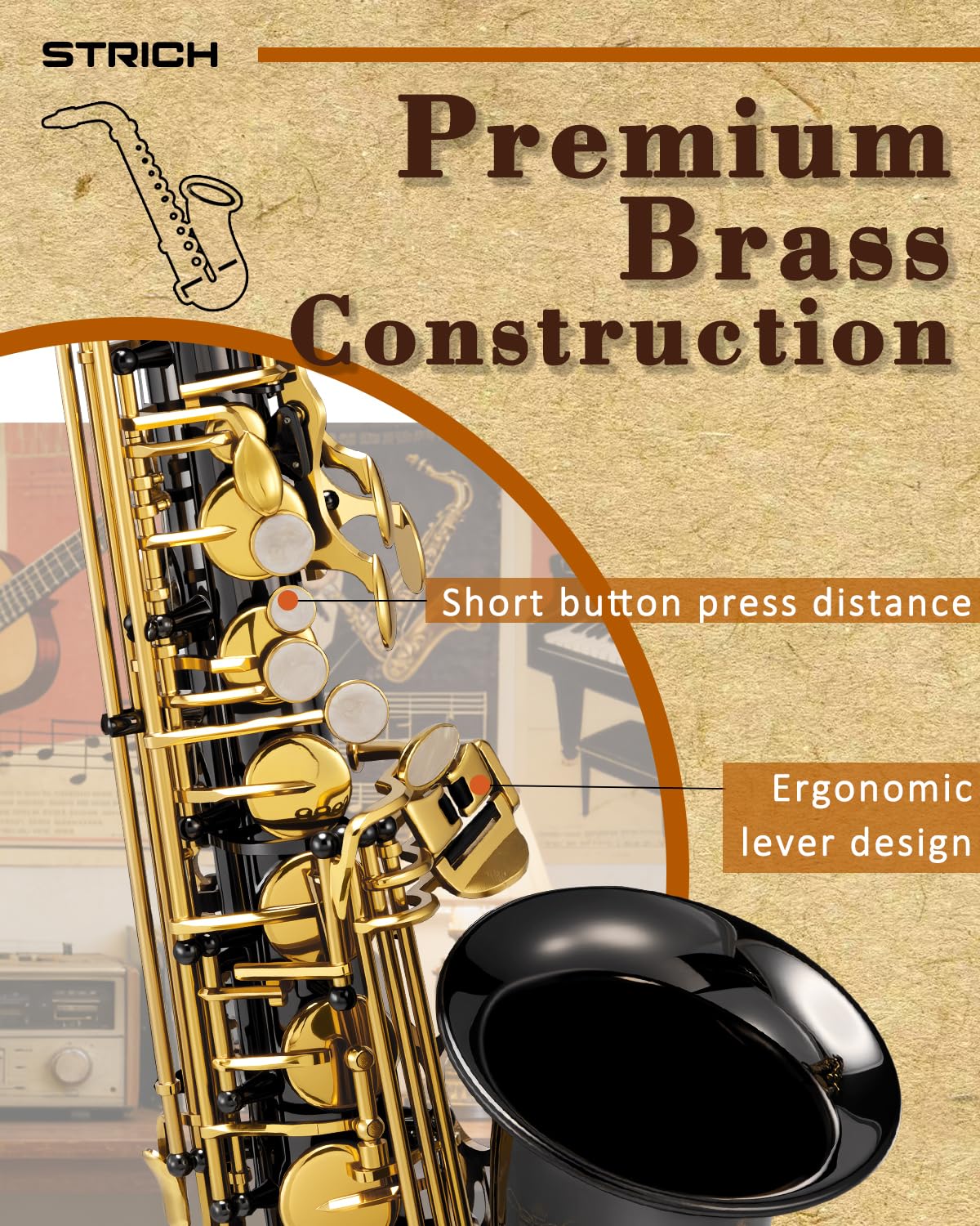 STRICH Eb-Altsaxophon – Einsteiger-Set für Altsaxophon mit Hartschalenkoffer, Ständer, Tragegurt, Mundstück und Blättern für Schulorchester und das Üben zu Hause, SSA-31B, schwarz 3