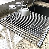 17.7" x 15.5" Large Dish Drying Rack, Attom Tech Home Roll Up Dish Racks Multipurpose Foldable Stainless Steel Over Sink Kitc