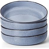 Herogo Pasta Bowls Set of 4, Stoneware Large Wide Shallow Plates and Bowls Sets, 37oz Serving for Salad Cereal Soup Kitchen Dining, Microwave & Dishwasher Safe, Haze Blue