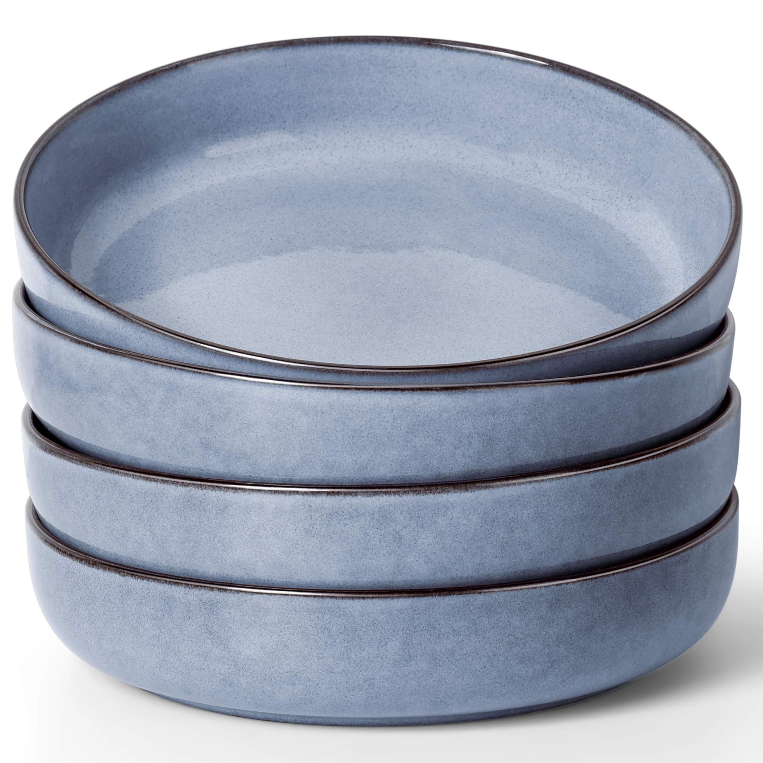 Photo 1 of Herogo Pasta Bowls Set of 4, Stoneware Large Wide Shallow Plates and Bowls Sets, 37oz Serving for Salad Cereal Soup Kitchen Dining, Microwave & Dishwasher Safe, Haze Blue