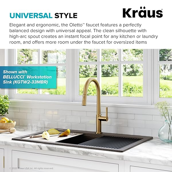 KRAUS OLETTO SINGLE HANDLE PULL DOWN KITCHEN FAUCET IN SPOT-FREE BRUSHED BRASS, KPF-2820BB