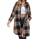 Blooming Jelly Women's Button Down Flannel Shirts Plaid Shacket Long Sleeve Collared Long Jacket Coats