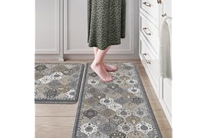 LEEVAN Kitchen Rugs Non Slip, Cushioned Kitchen Floor Mats Set of 2, Grey Anti-Fatigue Kitchen Mat Waterproof, Ergonomic Memory Foam Standing Mat for Bar,Office,Desk,Laundry