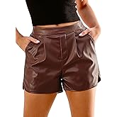 luvamia Faux Leather Shorts for Women High Waisted Pleated Wide Leg Stretchy Shorts with Pockets PU Leather Pants