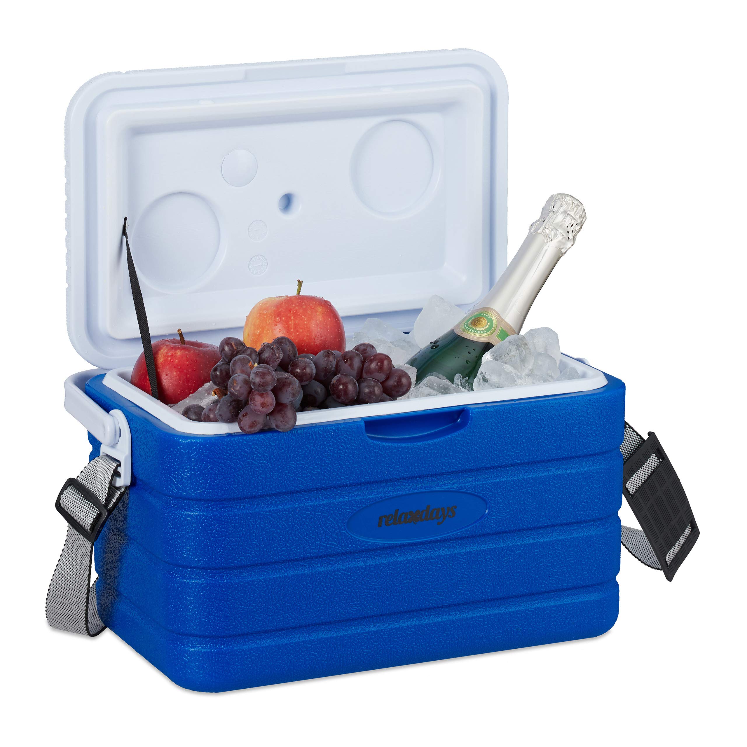 Relaxdays Cool Box 10L, Portable Cooler for Garden, Camping, Strap & Handle, No Power, HWD 22.5 x 37.5 x 23 cm, Blue